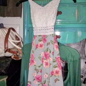 Streetwear Society Strapless Dress with White Lace and Pink Floral Skirt